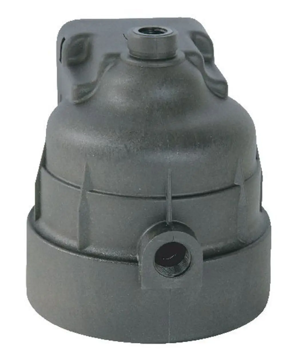 Dunkles Ventilgehäuse von Syr, mit Fittings und einer symmetrischen Form, geeignet für verschiedene Installationen in der Haustechnik.